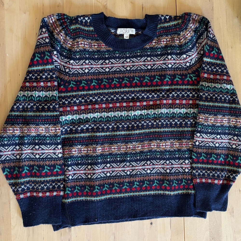 J. Crew Navy Fair Isle Crewneck Sweater with Red & Green Accents